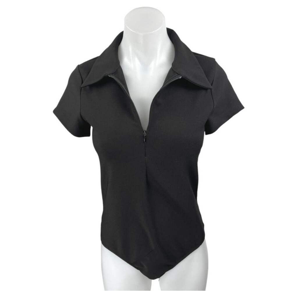 Black Zippered Polo Collar Top
